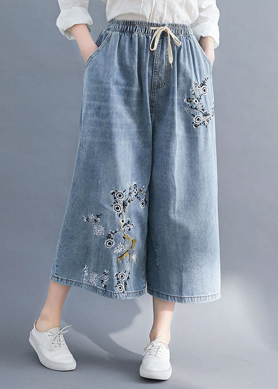 Bohemian Blue Embroideried Pockets Patchwork Denim Wide Leg Pants