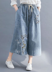 Bohemian Blue Embroideried Pockets Patchwork Denim Wide Leg Pants