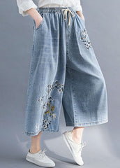 Bohemian Blue Embroideried Pockets Patchwork Denim Wide Leg Pants