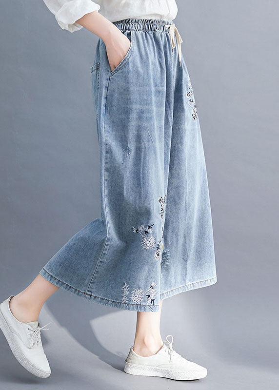 Bohemian Blue Embroideried Pockets Patchwork Denim Wide Leg Pants