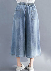 Bohemian Blue Embroideried Pockets Patchwork Denim Wide Leg Pants