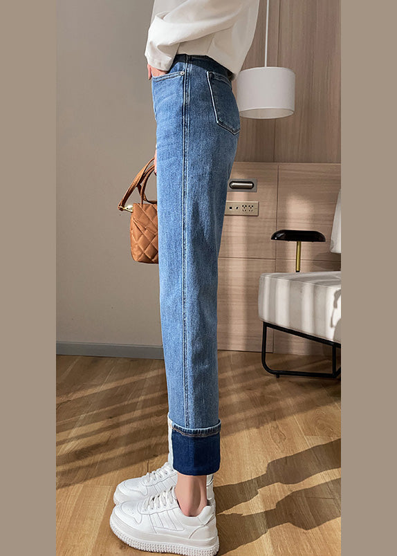 Blaue Baumwoll-Denimhose mit hoher Taille im Bohemian-Stil