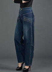 Bohemian Blue High Waist Flatering Zip Up Pockets Cotton Denim Pants