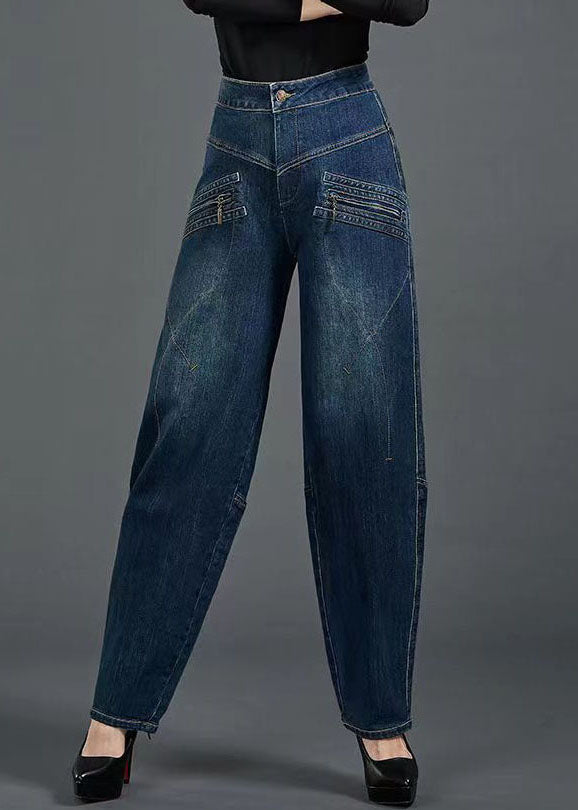 Bohemian Blue High Waist Flatering Zip Up Pockets Cotton Denim Pants