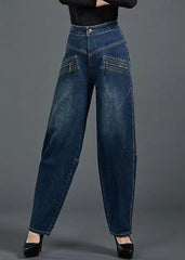 Bohemian Blue High Waist Flatering Zip Up Pockets Cotton Denim Pants