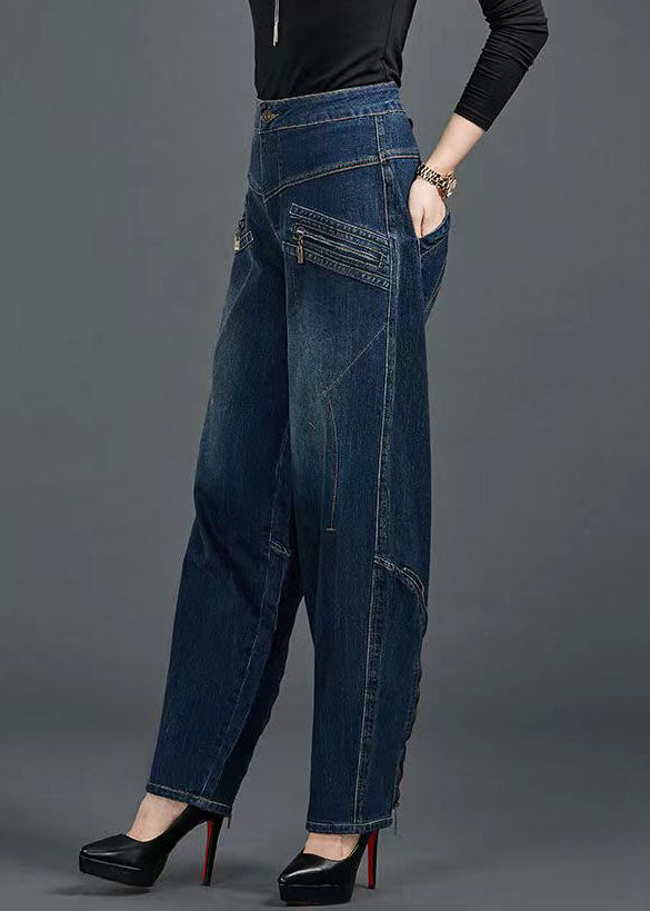 Bohemian Blue High Waist Flatering Zip Up Pockets Cotton Denim Pants