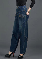 Bohemian Blue High Waist Flatering Zip Up Pockets Cotton Denim Pants