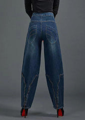 Bohemian Blue High Waist Flatering Zip Up Pockets Cotton Denim Pants