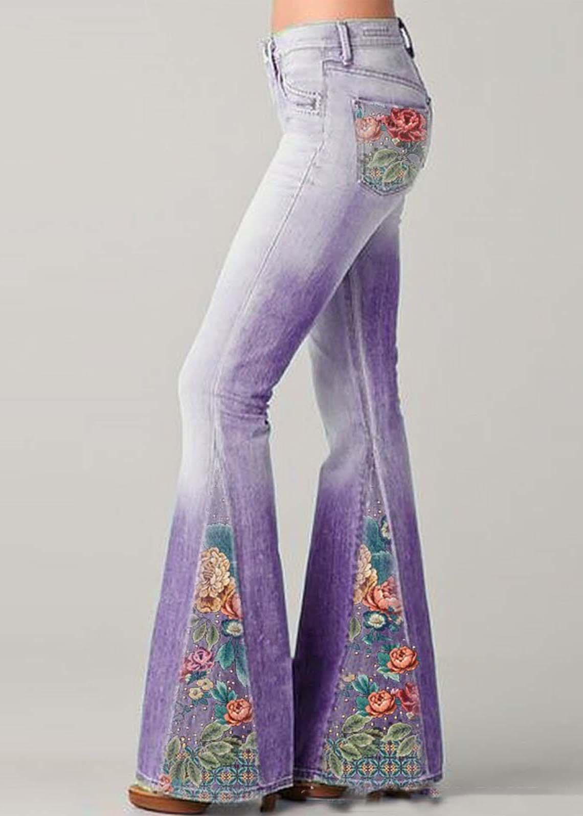 Bohemian Blue High Waist Patchwork Print Denim Flare Bottoms