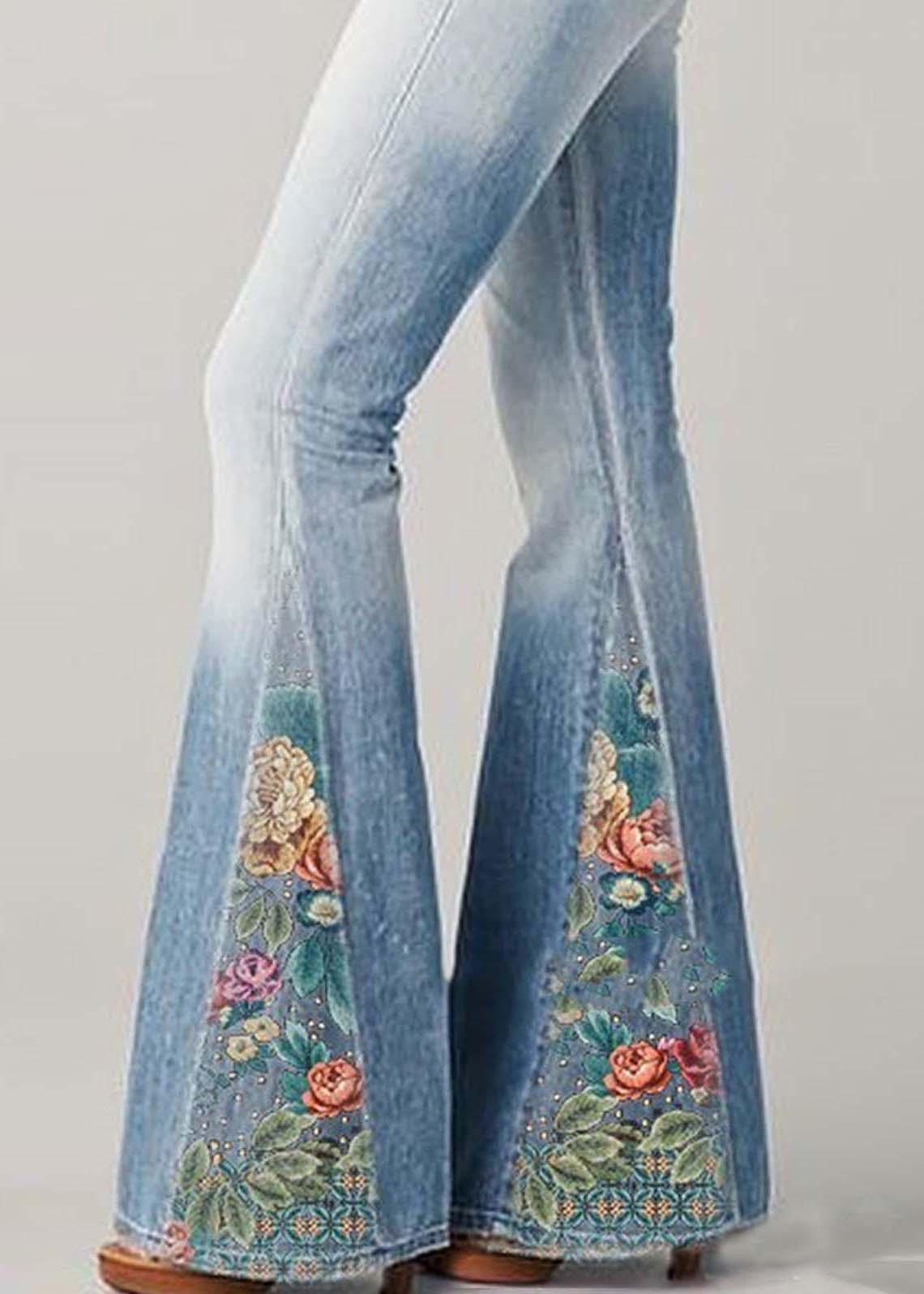 Blaue Schlaghose aus Denim mit hoher Taille und Patchwork-Print im Bohemian-Stil