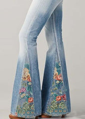 Bohemian Blue High Waist Patchwork Print Denim Flare Bottoms