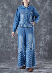 Bohemian Blau Oversize Patchwork Quaste Denim Zweiteiler