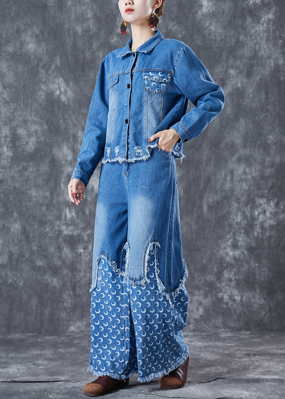 Bohemian Blue Oversized Patchwork Tassel Denim Two-Piece Set