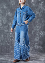 Bohemian Blau Oversize Patchwork Quaste Denim Zweiteiler