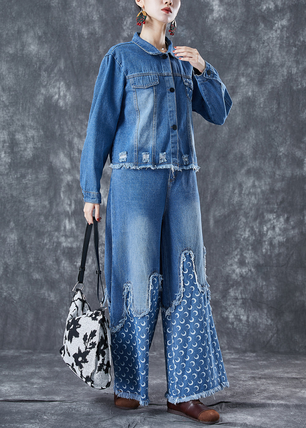 Bohemian Blau Oversize Patchwork Quaste Denim Zweiteiler