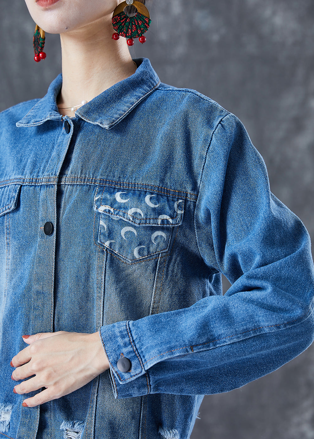 Bohemian Blau Oversize Patchwork Quaste Denim Zweiteiler