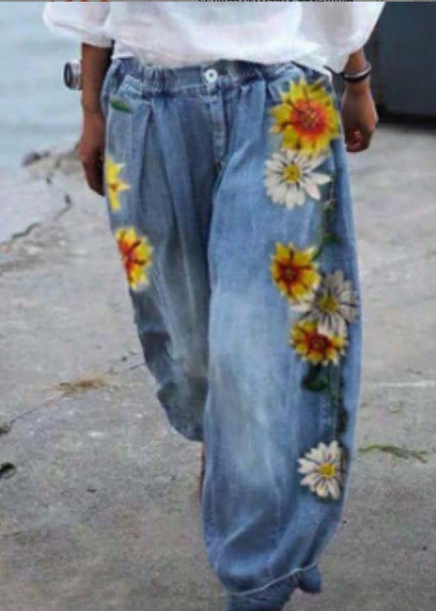 Bohemian Blue Oversized Sunflower Print Denim Harem Pants
