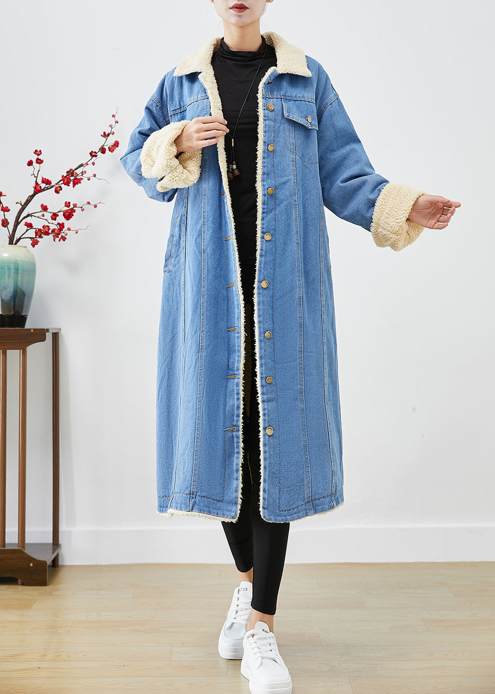 Bohemian Blau Übergroße Dicke Fleece Wolle Gefüttert Denim Trenchcoats