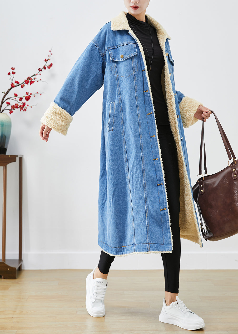 Bohemian Blau Übergroße Dicke Fleece Wolle Gefüttert Denim Trenchcoats