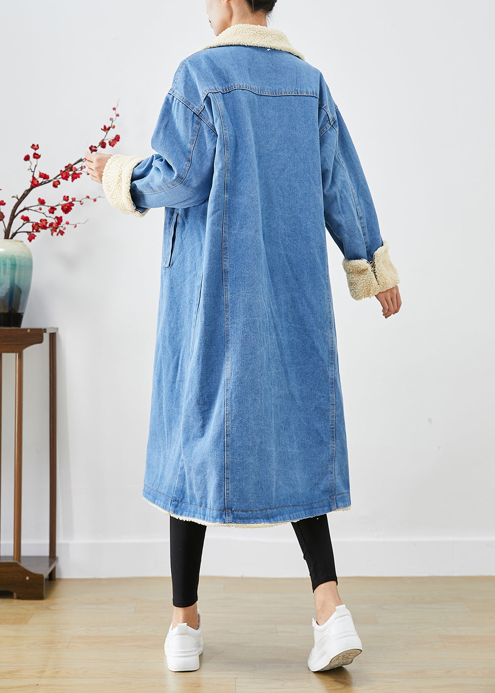 Bohemian Blau Übergroße Dicke Fleece Wolle Gefüttert Denim Trenchcoats