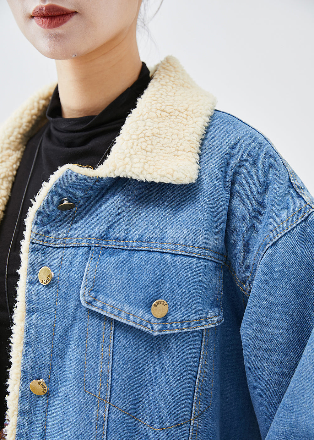 Bohemian Blau Übergroße Dicke Fleece Wolle Gefüttert Denim Trenchcoats