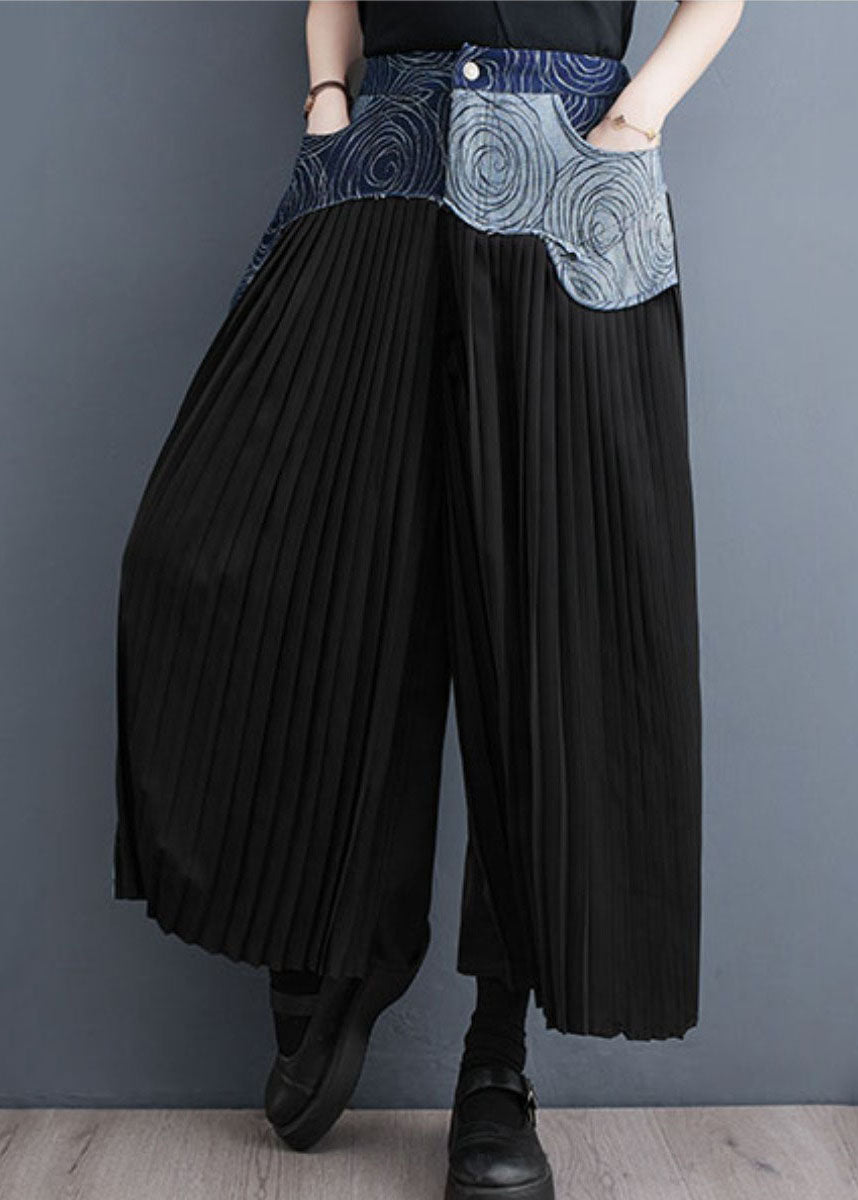 Bohemian Blue Pockets Wrinkled Denim Patchwork Cotton Wide Leg Pants Skirt