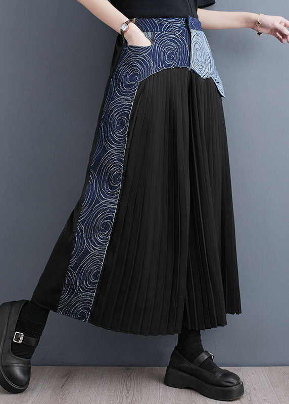 Bohemian Blue Pockets Wrinkled Denim Patchwork Cotton Wide Leg Pants Skirt