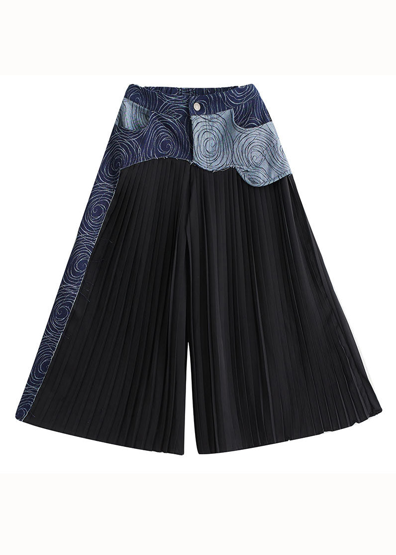 Bohemian Blue Pockets Wrinkled Denim Patchwork Cotton Wide Leg Pants Skirt