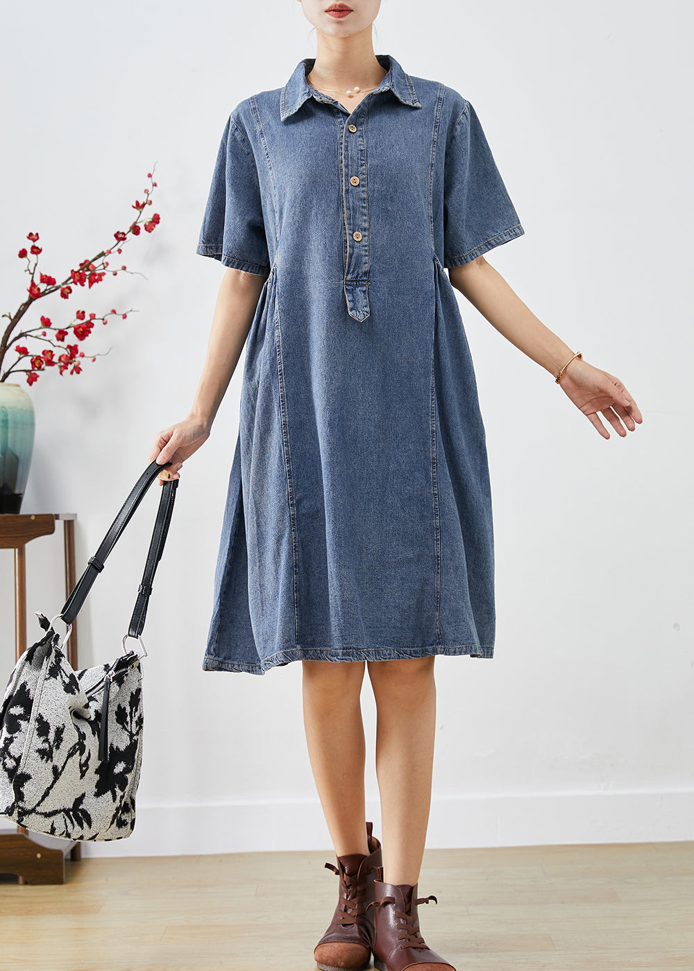 Bohemian Blue Slim Fit Pockets Denim Vacation Dress