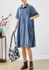 Bohemian Blue Slim Fit Pockets Denim Vacation Dress