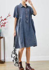 Bohemian Blue Slim Fit Pockets Denim Vacation Dress