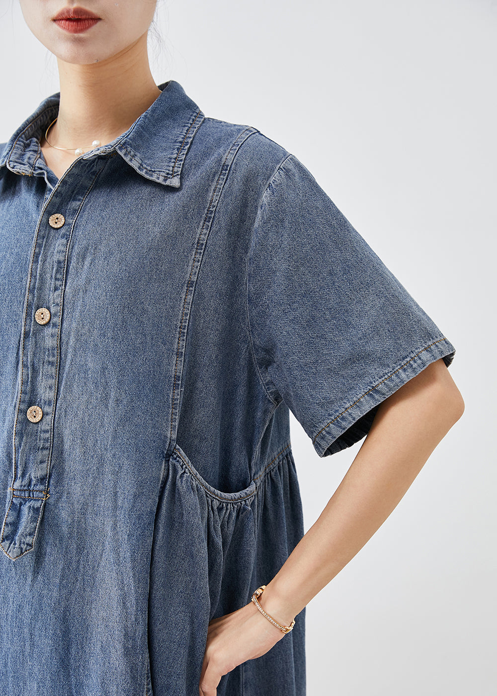 Bohemian Blue Slim Fit Pockets Denim Vacation Dress