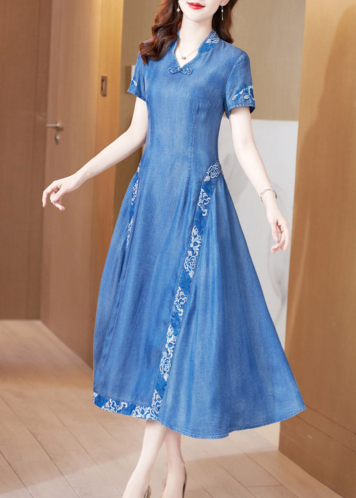 Bohemian Blue Stand Collar Embroideried Butto Silk Denim Maxi Dresses Short Sleeve