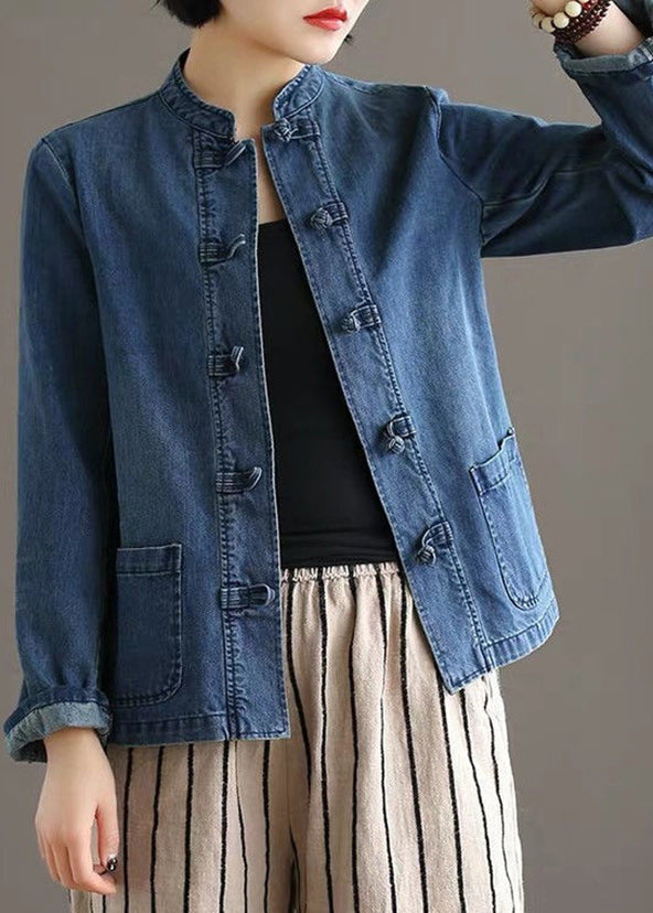 Bohemian Blue Stand Collar Pockets Patchwork Button Denim Coats Fall