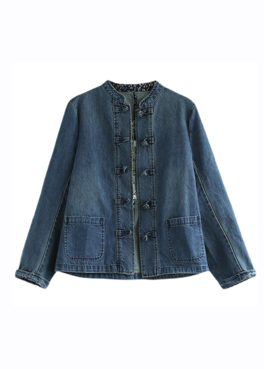 Bohemian Blue Stand Collar Pockets Patchwork Button Denim Coats Fall