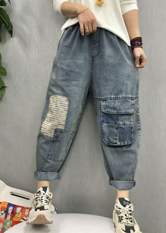 Bohemian Blue elastic waist patch applique denim Pants