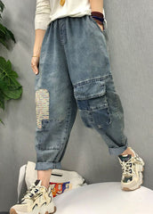 Böhmische blaue Jeanshose mit elastischer Taille und Patch-Applikation