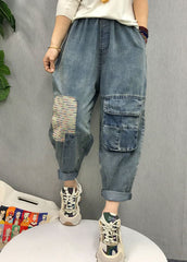 Böhmische blaue Jeanshose mit elastischer Taille und Patch-Applikation