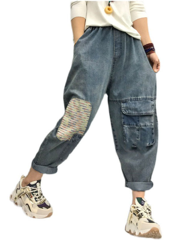 Bohemian Blue elastic waist patch applique denim Pants