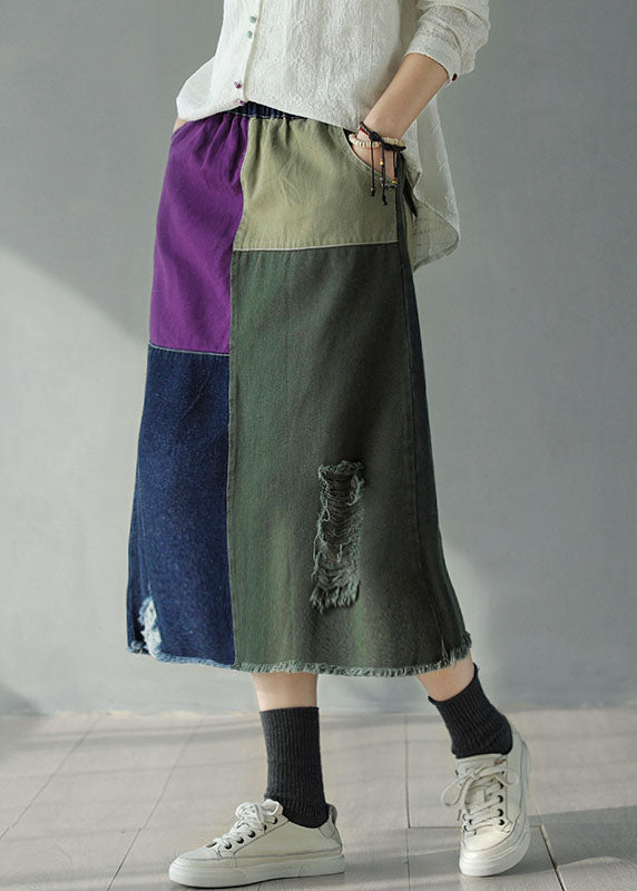 Falda vaquera de algodón con bolsillos, cintura elástica y estampado de patchwork, estilo bohemio, con bloques de color, para otoño.