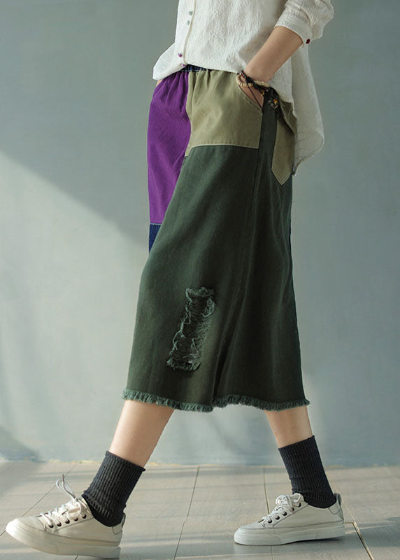 Falda vaquera de algodón con bolsillos, cintura elástica y estampado de patchwork, estilo bohemio, con bloques de color, para otoño.