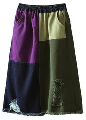 Falda vaquera de algodón con bolsillos, cintura elástica y estampado de patchwork, estilo bohemio, con bloques de color, para otoño.