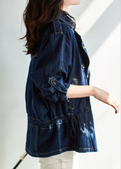 Bohemian Dark Blue Square Collar Patchwork Button Denim Coats Fall