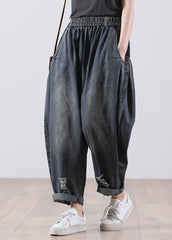 Bohemian Denim Blue Elastic Waist Pockets Cotton Harem Pants Fall