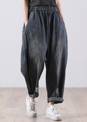 Bohemian Denim Blue Elastic Waist Pockets Cotton Harem Pants Fall