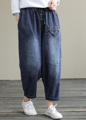 Bohemian Denim Blue High Waist Loose Cinched Work Outfits Wild Trousers