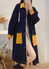 Bohemian Denim Blue Peter Pan Collar Patchwork Zippered Button Linen Long Trench Coats Fall