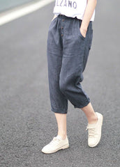 Bohemian Denim Blue Pockets Patchwork Linen Crop Pants