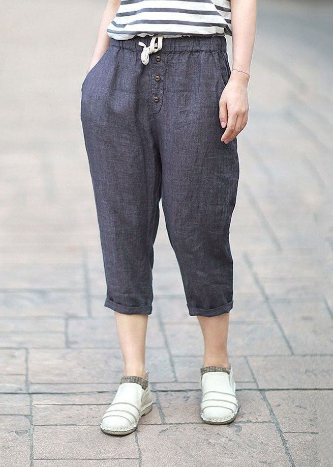 Bohemian Denim Blue Pockets Patchwork Linen Crop Pants