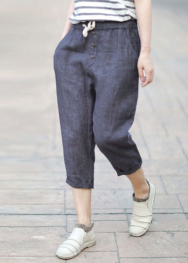 Bohemian Denim Blue Pockets Patchwork Linen Crop Pants